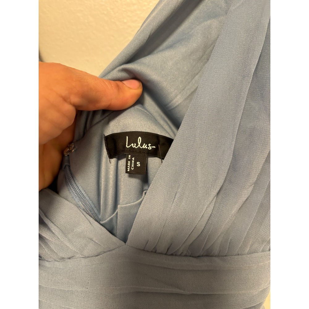 NWT Lulus Heavenly Hues Dusty Blue Maxi Dress Pleated V-Neck Gown‎ Womens Sz S - Picture 5 of 6